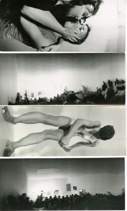 Four distorted images of the audience and three performers