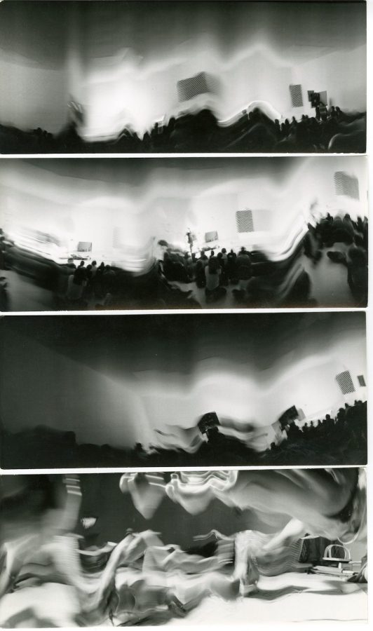 Four distorted images of performers and audience members