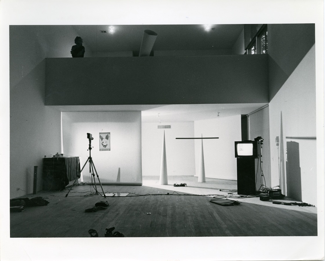 A room with two cameras on tripods, a mirror on the floor, two white cones, a video monitor on a stand, and a drawing of a dog’s head. On the mezzanine level is a silhouette of a person.