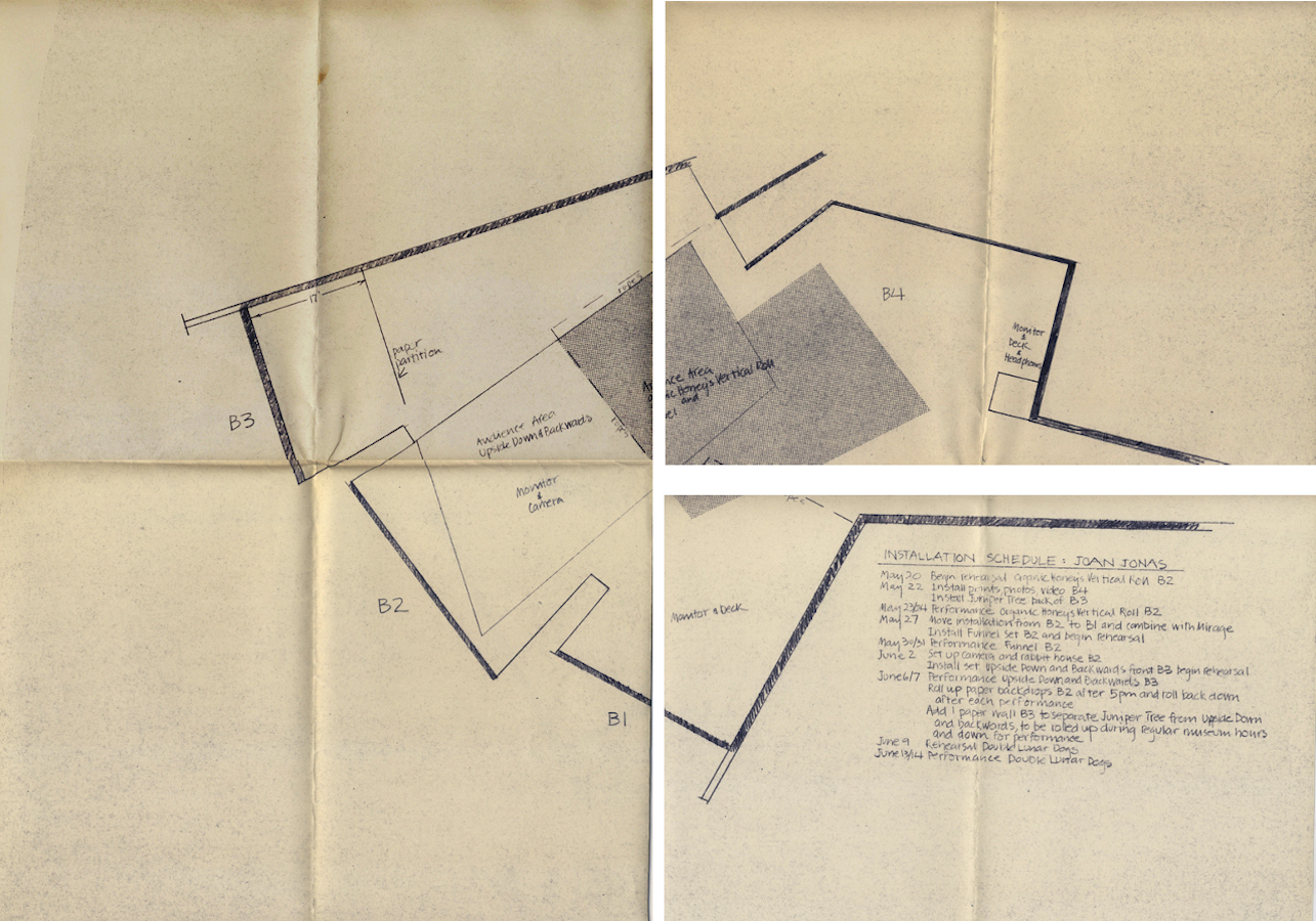 Floor plan and installation schedule, the floor plan is broken up into four different areas that are labeled: “B1: Monitor & Deck, B2: Audience Area Upside Down & Backwards, Monitor & Camera, B3: Paper Partition and B4: Monitor & Deck & Headphones.” The center of the floor plan is labeled: “Audience Area Organic Honey’s Vertical Roll.”