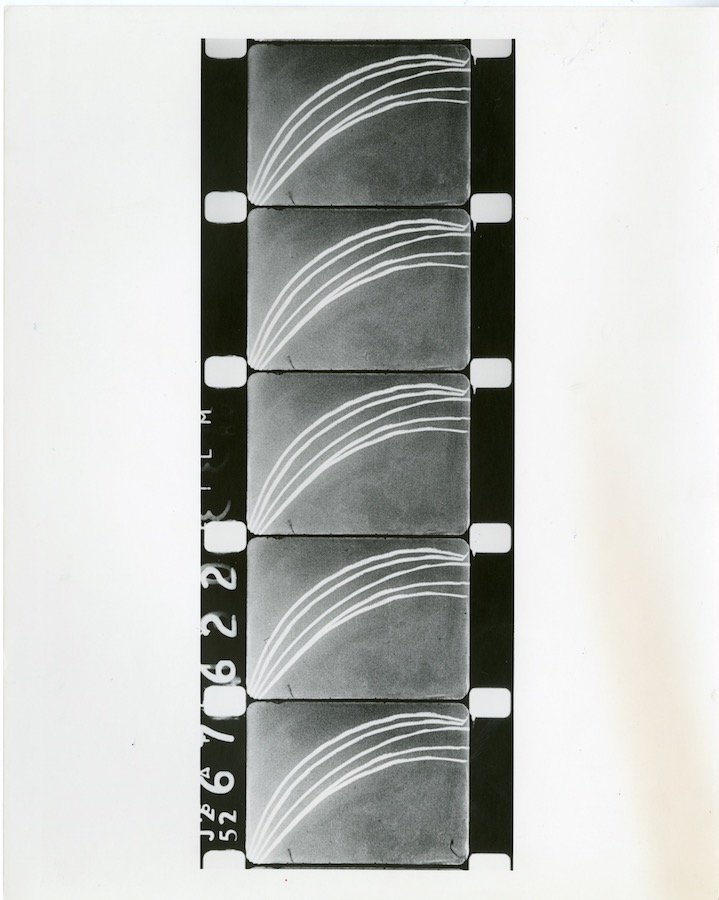 A strip of film showing five frames of chalk line drawings