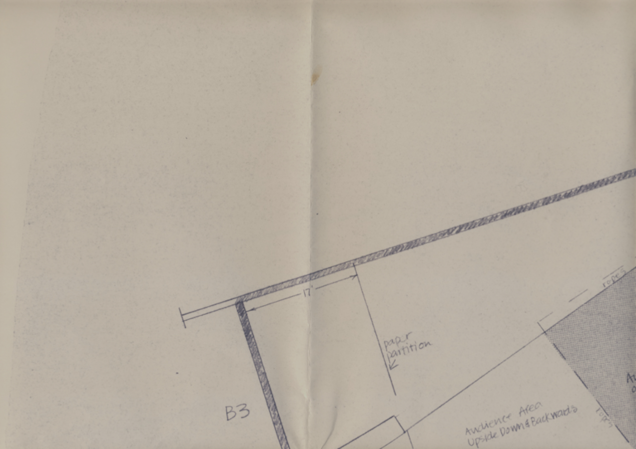 Detail of the floor plan that is labeled: “Audience Area Upside Down & Backwards” “B3: paper partition”