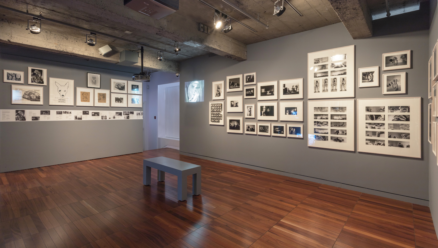 Various drawings, photographs, photographic contact sheets, and a projection from Jonas’s performances are displayed on a wall. There is a bench in the middle of the room.