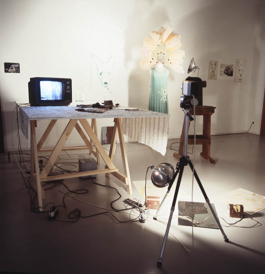 A camera on a tripod faces various props used for Jonas’s performance, a light is attached to the tripod and is pointed to the floor. There is a TV monitor, a glass jar placed and other props on a table draped with a cloth. On the wall there are various drawings, three of them are of a dog’s head. Jonas’s dress and peacock feathered headpieces are placed on a mannequin, which is illuminated by a light placed on a table in front of the clothing. On the floor, there is a mirror and various drawings.