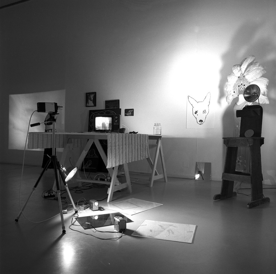 A camera on a tripod faces various props used for Jonas’s performance, a light is attached to the tripod and is pointed to the floor. There is a TV monitor and a glass jar placed on a table draped with a cloth; on the wall there is a projection to the far left, various images in the middle, and a drawing of a dog’s head with four eyes to the right. To the right of the drawing is Jonas’s dress and feathered headdress on a mannequin, which is illuminated by a light placed on a table in front of the clothing. On the floor are various mirrors.