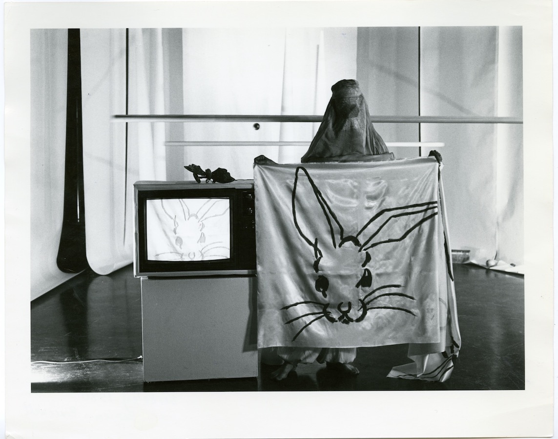 Jonas wearing a chadri while holding a banner with a rabbit’s head painted onto it. To the left of Jonas is a TV monitor on a stand, displaying a close up of the rabbit’s head. There is a plastic butterfly on top of the TV