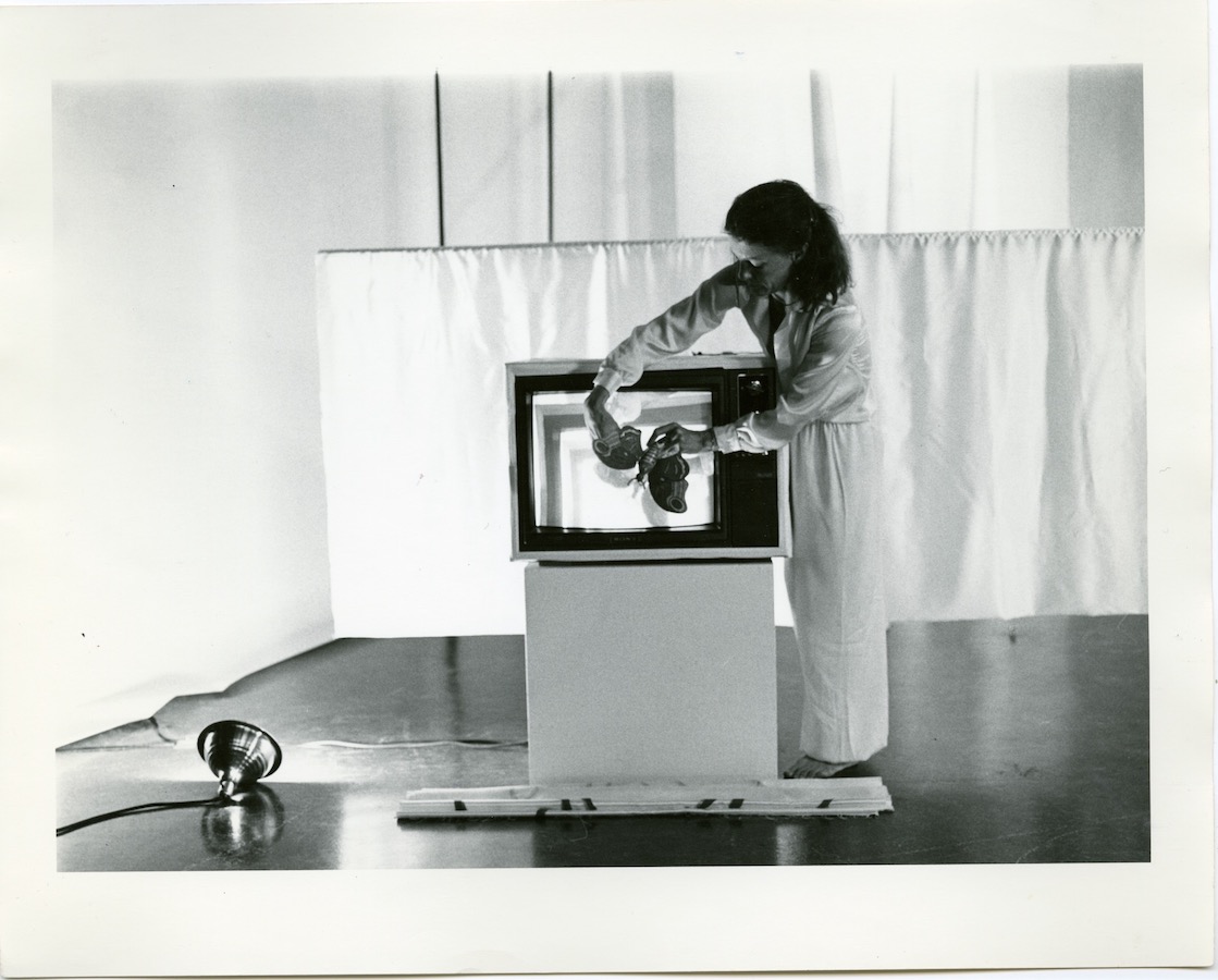 Jonas stands next to a TV monitor on a stand and holds a plastic butterfly in front of the monitor’s screen.