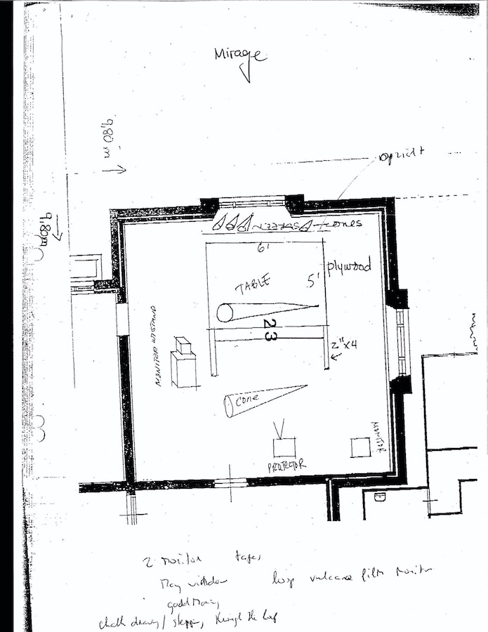 Floor plan drawing and notes for Jonas’s installation.