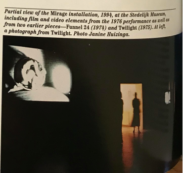 Newspaper clipping of Jonas’s installation. Caption reads: Partial view of Mirage installation, 1994, at the Stedelijk Museum, including film and video elements from the 1976 performance as well as from two earlier pieces - Funnel 24 (1974) and Twilight (1975). At left, a photograph from Twilight. Photo Janine Huizinga”