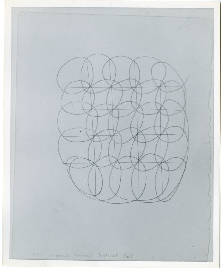 Drawing of a single line that loops into many circles, labeled “1972 Organic Honey’s Vertical Roll”