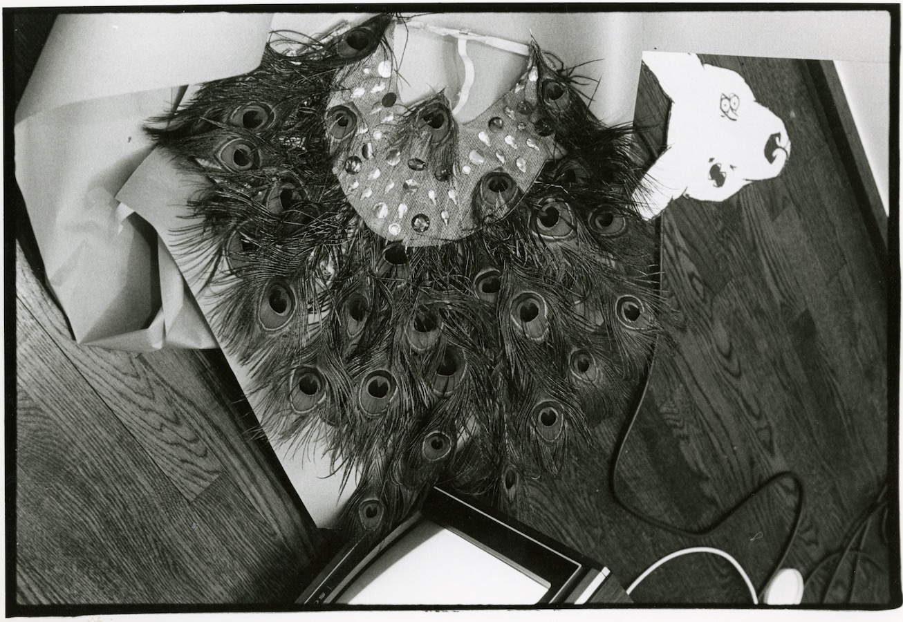 Jonas’s peacock-feathered headdress is shown on top of a pile of paper on the floor. Nearby is a cutout drawing of a dog’s head with four eyes and a TV monitor.