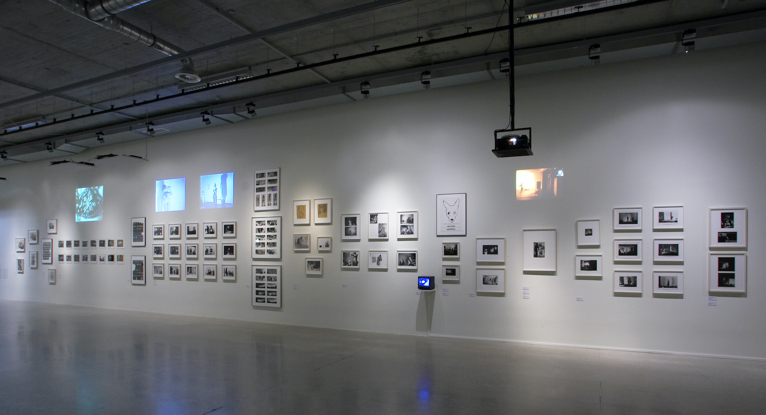 Various drawings, photographs, photographic contact sheets, and projections from Jonas’s performances are displayed on a wall.