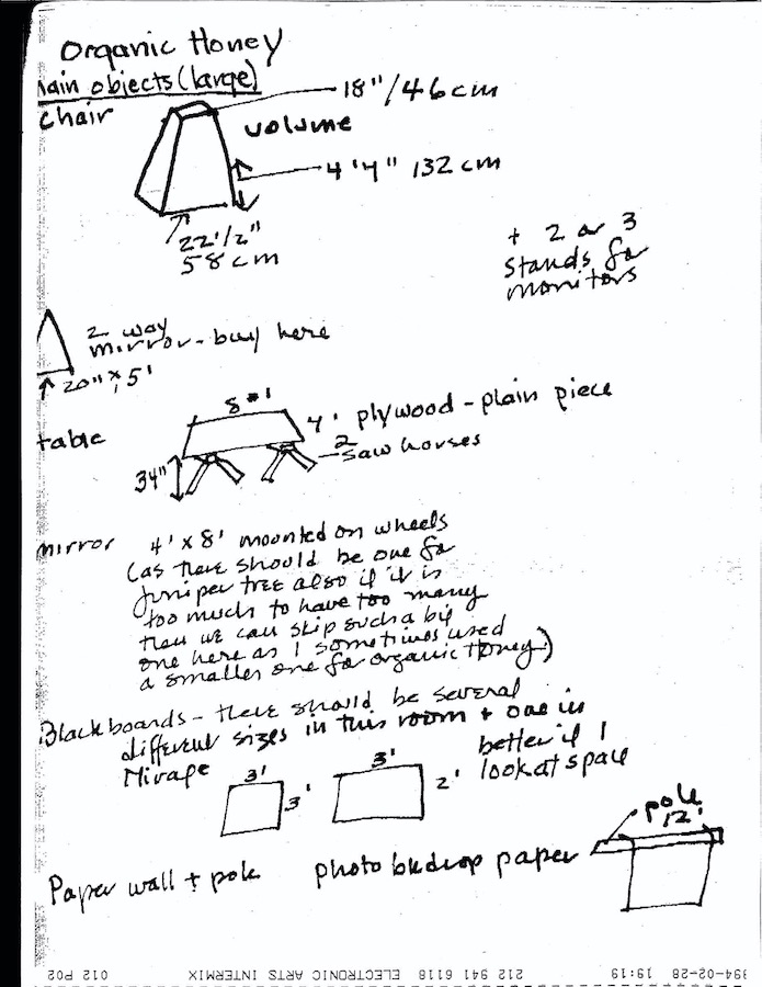 Installation drawings and measurements for a chair, table, mirror, two blackboards and a paper wall with a pole.