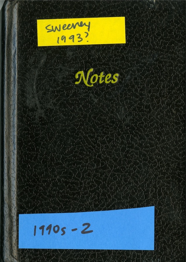 Cover of a notebook with the word “Notes” engraved and two sticky notes. Top sticky note reads: “Sweeney 1993?” Bottom sticky note reads “1990s - 2”