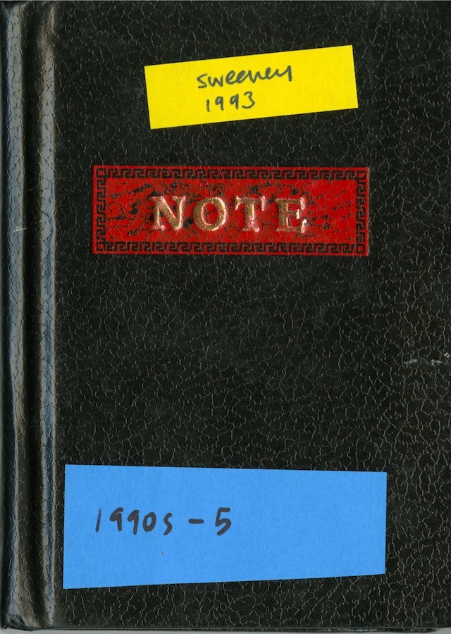 Cover of a notebook with the word “Notes” engraved and two sticky notes. Top sticky note reads: “Sweeney 1993”. Bottom sticky note reads “1990s - 5”.