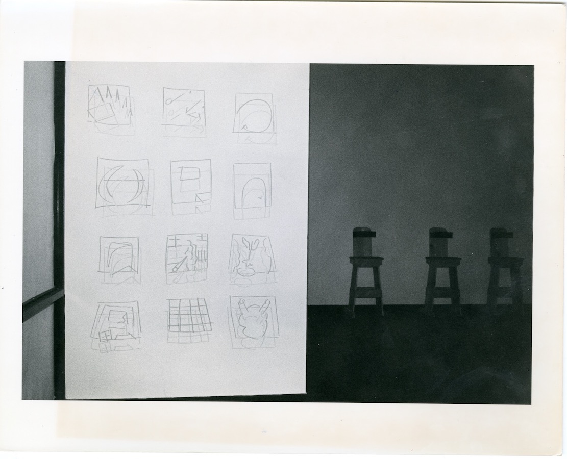 Twelve sketches, to the right are three wooden stools with backrests