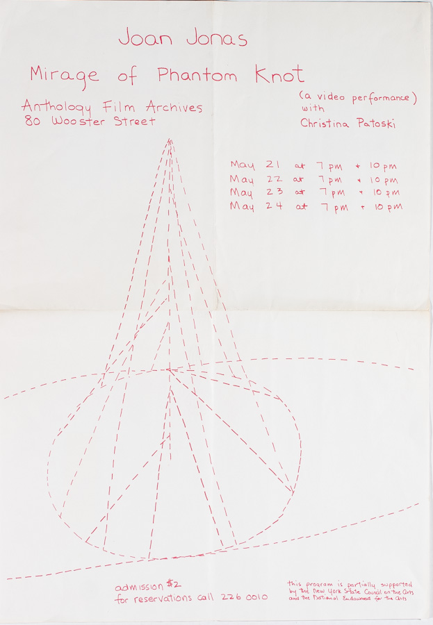 Red written text giving information about Jonas’s performance and red dashes that form the shape of a large cone.