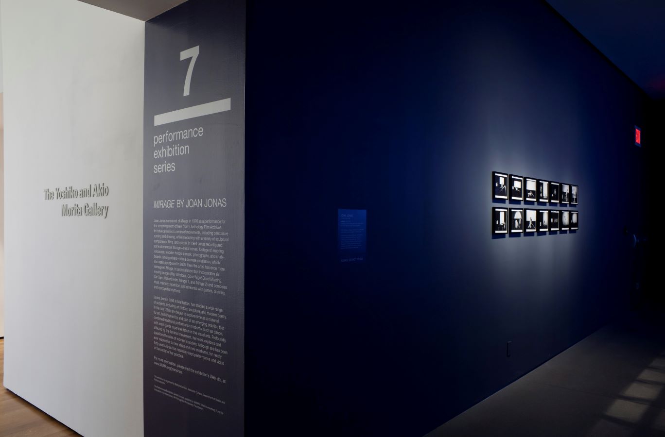 Framed photos hang on a wall. Wall reads: “7 Performance Exhibition Series, Mirage by Joan Jonas”