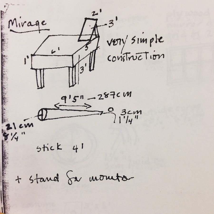 Drawing of a table and cone with measurements. Table drawing reads: “Mirage 1’, 6’, 2’, 3’, 5, 3’ Very simple construction.” Cone drawing reads: “21 cm, 8 ¼”, 9’5”, 287cm, 0, 3 cm, 1 ¼” Stick 4’ + Stand for monitor.”